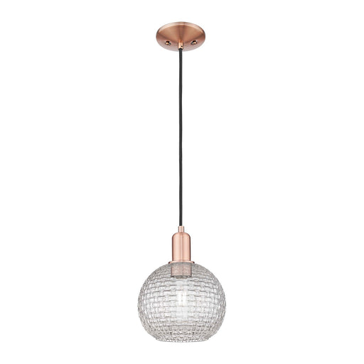 Innovations Athens 8in 1-Light Mini Pendant | Industrial Antique Copper Steel and Clear Basket Weave Glass | Kitchen Island & | Model 716-1P-AC-G122C-8CL
