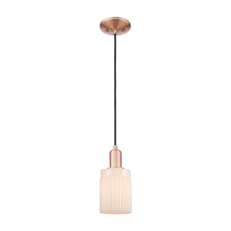 Innovations Hadley 4.5in 1-Light Mini Pendant | Industrial Antique Copper and Matte White Ribbed Glass | Kitchen Island & Dining | Model 716-1P-AC-G341