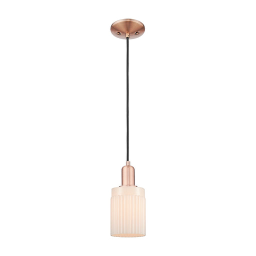 Innovations Hadley 4.5in 1-Light Mini Pendant | Industrial Antique Copper and Matte White Ribbed Glass | Kitchen Island & Dining | Model 716-1P-AC-G341