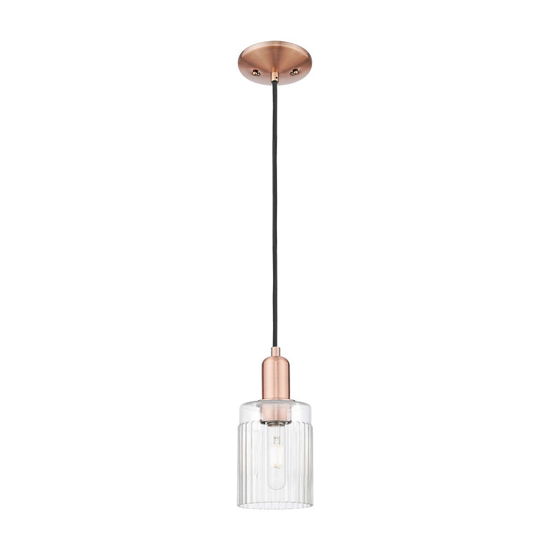 Innovations Hadley 4.5in 1-Light Mini Pendant | Industrial Antique Copper Steel and Clear Ribbed Glass | Kitchen Island & Dining | Model 716-1P-AC-G342