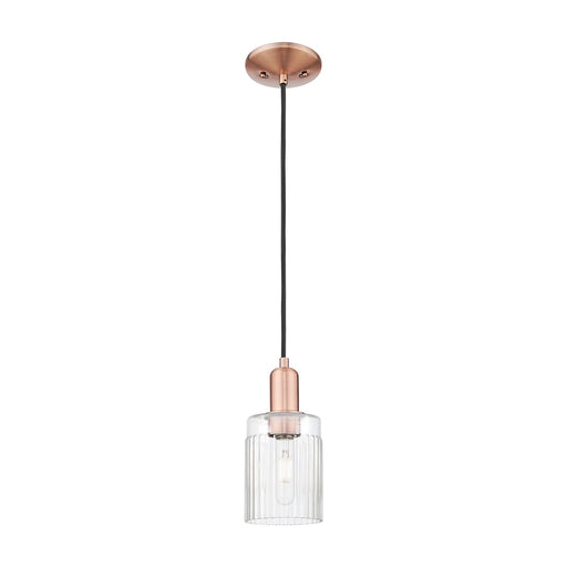 Innovations Hadley 4.5in 1-Light Mini Pendant | Industrial Antique Copper Steel and Clear Ribbed Glass | Kitchen Island & Dining | Model 716-1P-AC-G342