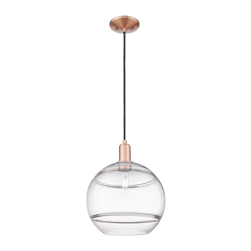 Innovations Rochester 12in 1-Light Mini Pendant | Industrial Antique Copper Steel and Clear Glass | Kitchen Island & Dining | Model 716-1P-AC-G556-12CL