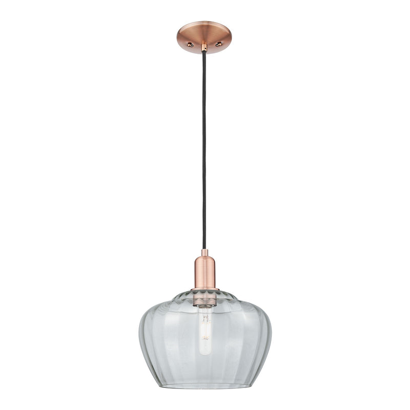 Innovations Fenton 11in 1-Light Mini Pendant | Industrial Antique Copper Steel and Clear Ribbed Glass | Kitchen Island & Dining | Model 716-1P-AC-G92-L