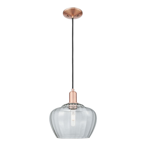 Innovations Fenton 11in 1-Light Mini Pendant | Industrial Antique Copper Steel and Clear Ribbed Glass | Kitchen Island & Dining | Model 716-1P-AC-G92-L