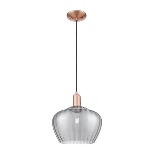 Innovations Fenton 11in 1-Light Mini Pendant | Industrial Antique Copper and Light Smoke Ribbed Glass | Kitchen Island & Dining | Model 716-1P-AC-G93-L