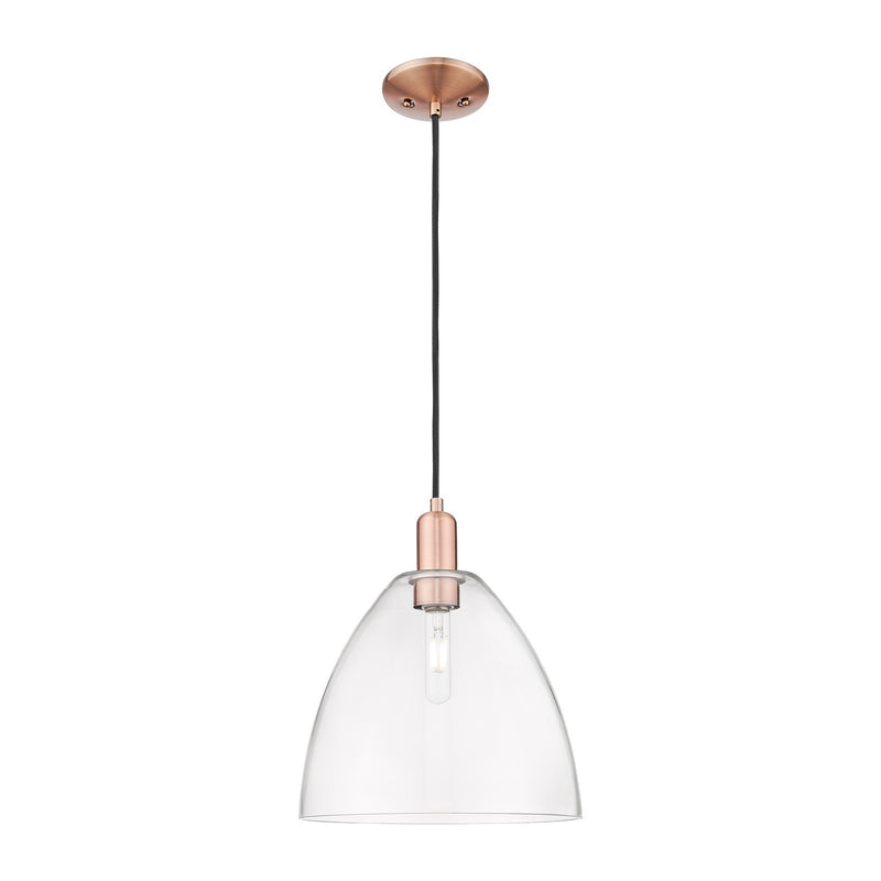 Innovations Bristol 12in 1-Light Mini Pendant | Industrial Antique Copper Steel and Clear Glass | Kitchen Island & Dining Room | Model 716-1P-AC-GBD-122