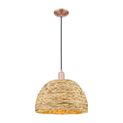 Innovations Woven Rattan 16in 1-Light Mini Pendant | Industrial Antique Copper Steel and Natural Fiber Dome Shade | Kitchen | Model 716-1P-AC-RBD-16-NAT