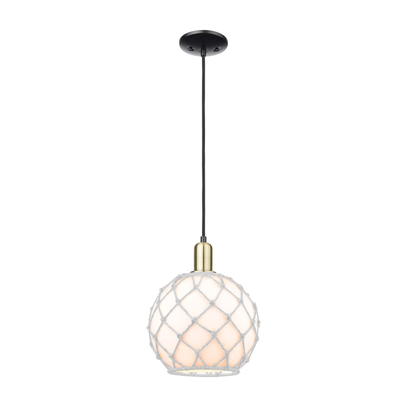 Innovations Farmhouse Rope 10in 1-Light Mini Pendant | Industrial Black Antique Brass and White Glass with Rope | Kitchen | Model 716-1P-BAB-G121-10RW