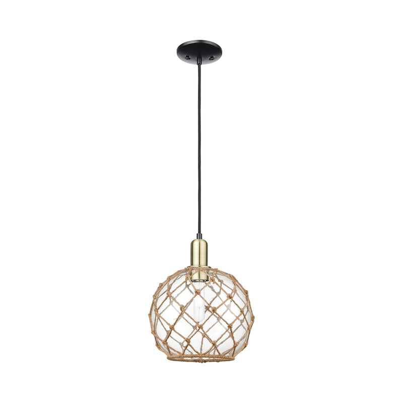 Innovations Farmhouse Rope 10in 1-Light Mini Pendant | Industrial Black Antique Brass and Clear Glass with Brown Rope | Model 716-1P-BAB-G122-10RB