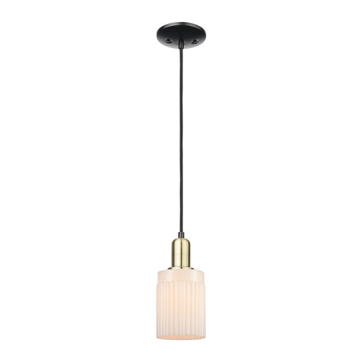 Innovations Hadley 1-Light 4.5in Mini Pendant | Industrial Black Antique Brass Steel and Matte White Ribbed Glass | Kitchen Island | Model 716-1P-BAB-G341