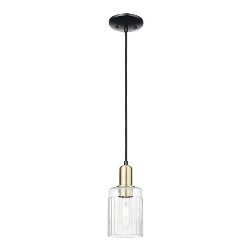 Innovations Hadley 4.5in 1-Light Mini Pendant | Industrial Black Antique Brass Steel and Clear Ribbed Glass | Kitchen Island & | Model 716-1P-BAB-G342