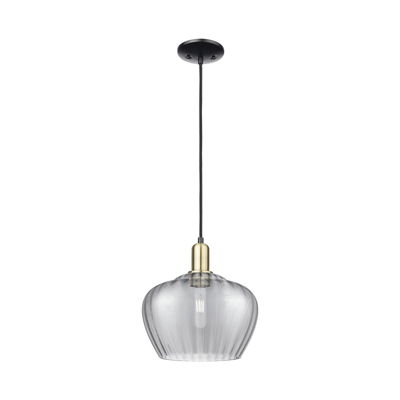 Innovations Fenton 11in 1-Light Mini Pendant | Industrial Black Antique Brass Steel and Light Smoke Ribbed Glass | Kitchen Island | Model 716-1P-BAB-G93-L