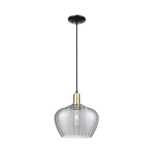 Innovations Fenton 11in 1-Light Mini Pendant | Industrial Black Antique Brass Steel and Light Smoke Ribbed Glass | Kitchen Island | Model 716-1P-BAB-G93-L
