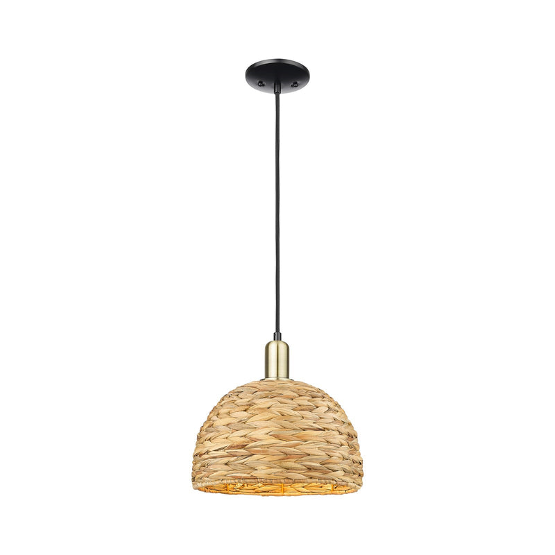 Innovations Woven Rattan 12in 1-Light Mini Pendant | Industrial Black Antique Brass and Natural Fiber | Kitchen Island & | Model 716-1P-BAB-RBD-12-NAT
