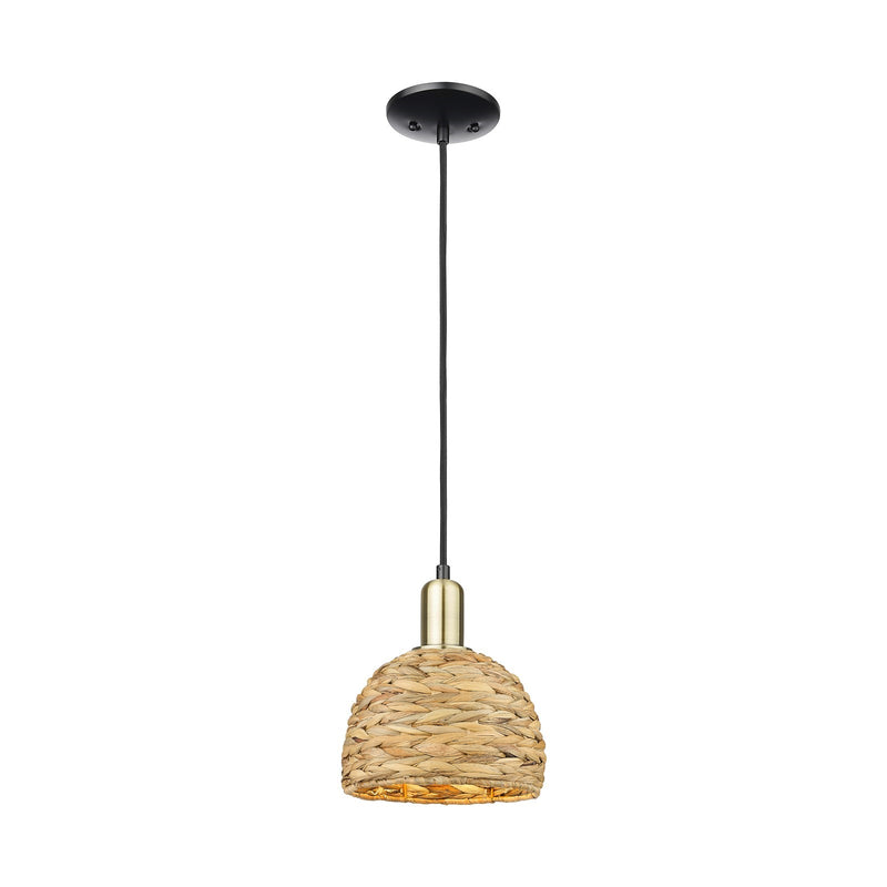 Innovations Woven Rattan 8in 1-Light Mini Pendant | Rustic Black Antique Brass and Natural Woven Rattan | Kitchen Island & | Model 716-1P-BAB-RBD-8-NAT