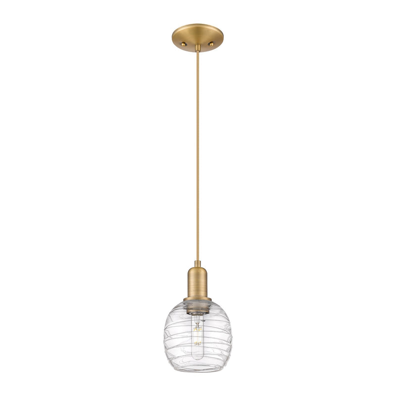 Innovations Belfast 6in 1-Light Mini Pendant | Industrial Brushed Brass Steel and Clear Deco Swirl Glass | Kitchen Island & Dining | Model 716-1P-BB-G1013