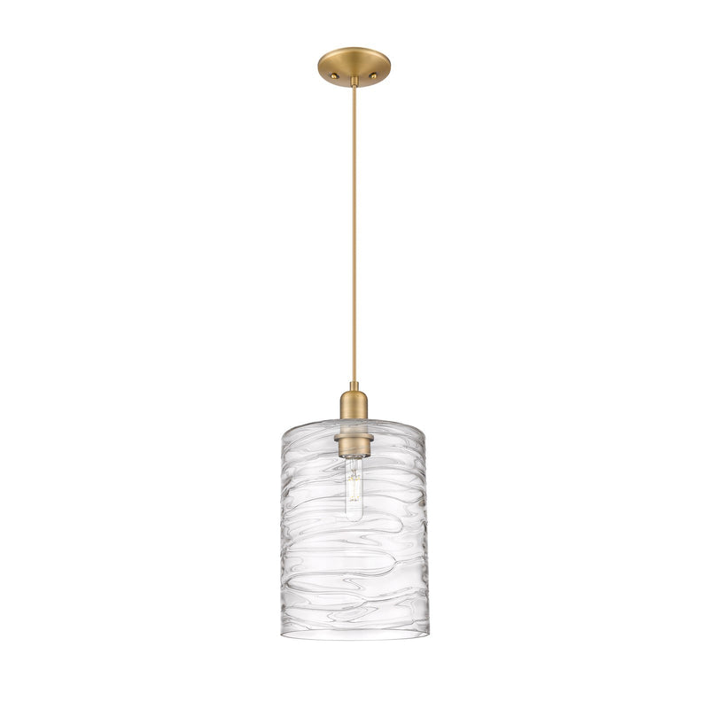 Innovations Cobbleskill 9in 1-Light Mini Pendant | Industrial Brushed Brass Steel and Deco Swirl Clear Glass | Kitchen Island & | Model 716-1P-BB-G1113-L