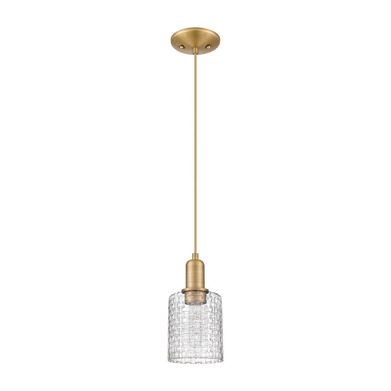 Innovations Cobbleskill 5in 1-Light Mini Pendant | Industrial Brushed Brass Steel and Clear Basket Weave Glass | Kitchen | Model 716-1P-BB-G112C-5CL