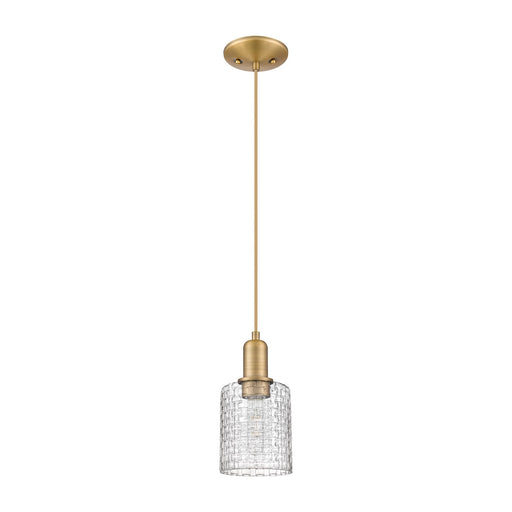 Innovations Cobbleskill 5in 1-Light Mini Pendant | Industrial Brushed Brass Steel and Clear Basket Weave Glass | Kitchen | Model 716-1P-BB-G112C-5CL