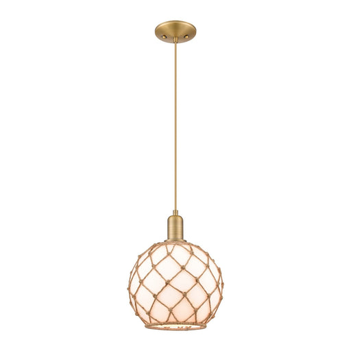 Innovations Farmhouse Rope 10in 1-Light Mini Pendant | Industrial Brushed Brass and Matte White Glass with Brown Rope | Model 716-1P-BB-G121-10RB