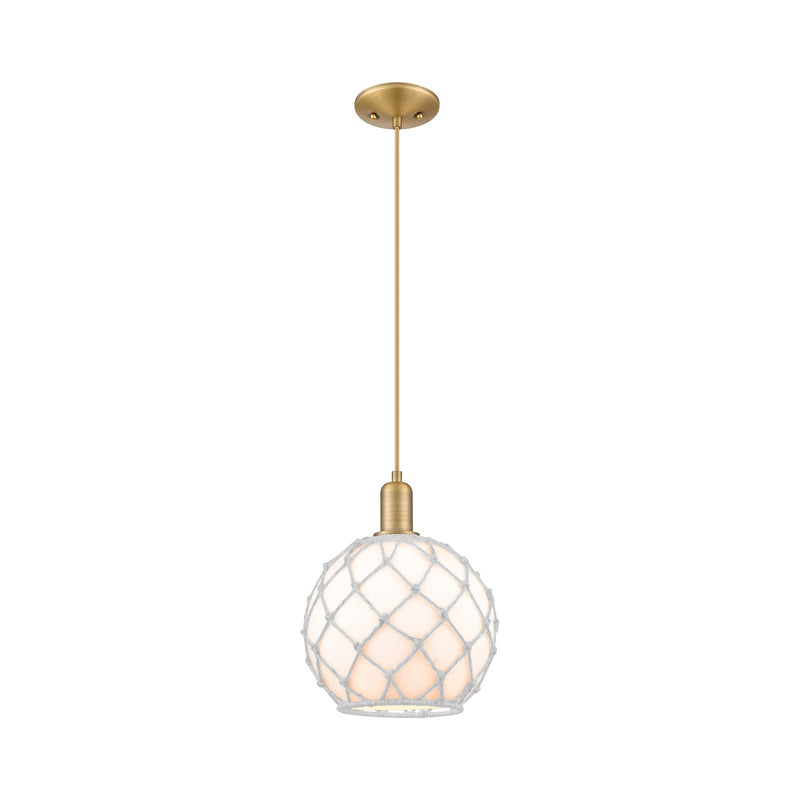 Innovations Farmhouse Rope 10in 1-Light Mini Pendant | Industrial Brushed Brass Steel and White Glass with White Rope | Model 716-1P-BB-G121-10RW