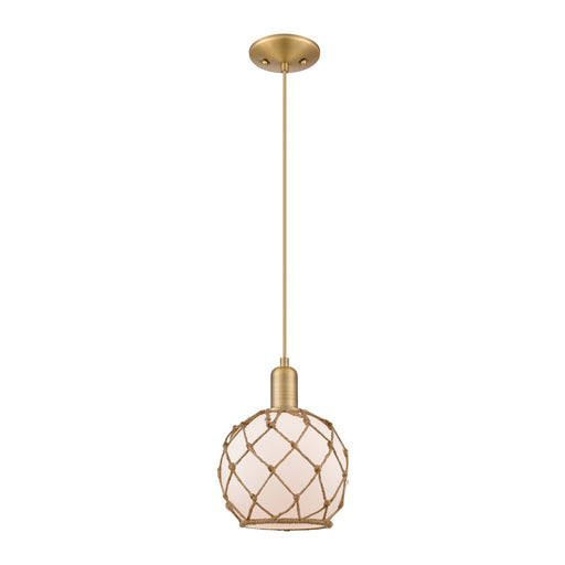 Innovations Farmhouse Rope 8in 1-Light Mini Pendant | Industrial Brushed Brass and White Glass with Brown Rope | Kitchen Island | Model 716-1P-BB-G121-8RB