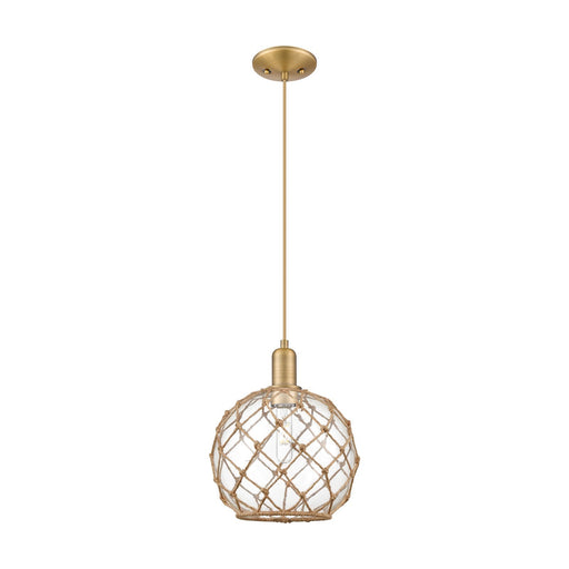 Innovations Farmhouse Rope 10in 1-Light Mini Pendant | Industrial Brushed Brass Steel and Clear Glass with Brown Rope | Model 716-1P-BB-G122-10RB