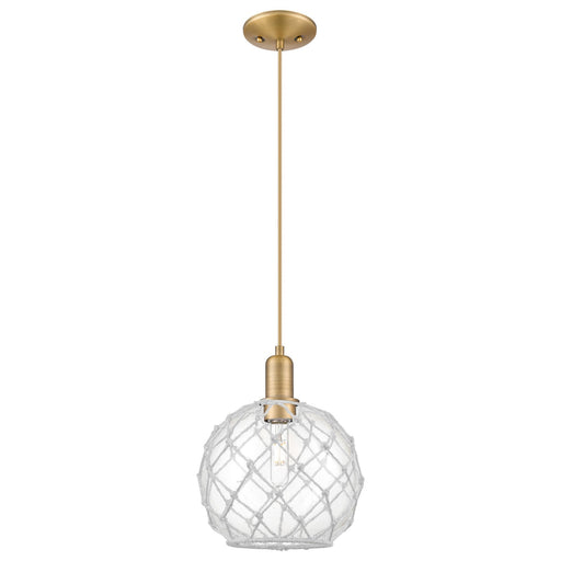 Innovations Farmhouse Rope 10in 1-Light Mini Pendant | Industrial Brushed Brass Steel and Clear Glass with White Rope | Model 716-1P-BB-G122-10RW