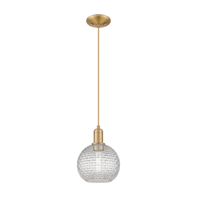 Innovations Athens 8in 1-Light Mini Pendant | Industrial Brushed Brass Steel and Clear Basket Weave Glass | Kitchen Island & | Model 716-1P-BB-G122C-8CL