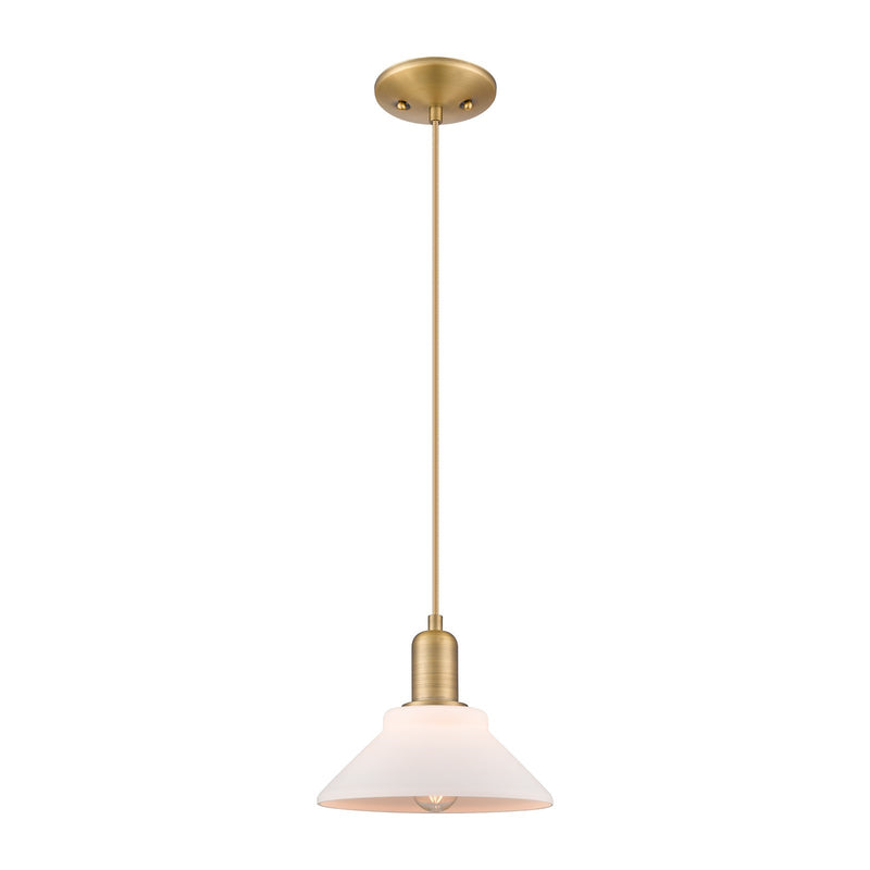 Innovations Orwell 8in 1-Light Mini Pendant | Industrial Brushed Brass and Matte White Glass | Kitchen Island & Dining Room | Damp | Model 716-1P-BB-G131