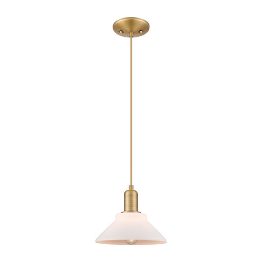 Innovations Orwell 8in 1-Light Mini Pendant | Industrial Brushed Brass and Matte White Glass | Kitchen Island & Dining Room | Damp | Model 716-1P-BB-G131