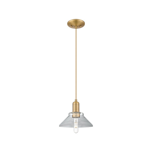 Innovations Orwell 8in 1-Light Mini Pendant | Industrial Brushed Brass Steel and Clear Glass | Kitchen Island & Dining Room | Damp | Model 716-1P-BB-G132
