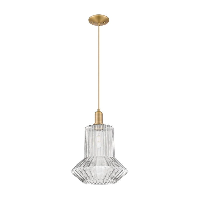 Innovations Springwater 12in 1-Light Mini Pendant | Industrial Brushed Brass Steel and Clear Fluted Glass | Kitchen Island & Dining | Model 716-1P-BB-G212