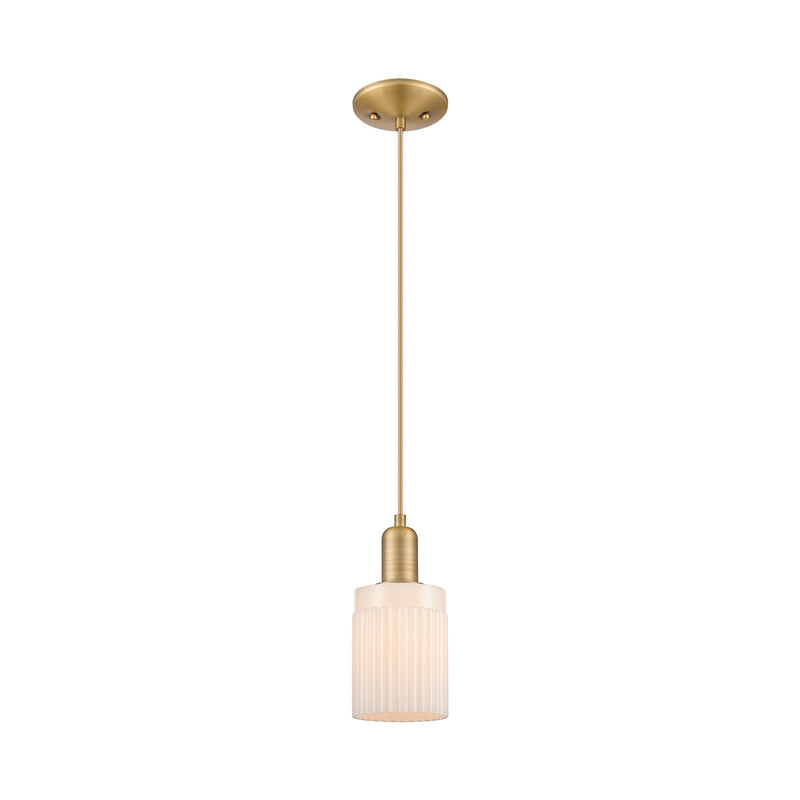 Innovations Hadley 4.5in 1-Light Mini Pendant | Industrial Brushed Brass and Matte White Ribbed Glass | Kitchen Island & Dining | Model 716-1P-BB-G341