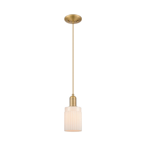 Innovations Hadley 4.5in 1-Light Mini Pendant | Industrial Brushed Brass and Matte White Ribbed Glass | Kitchen Island & Dining | Model 716-1P-BB-G341