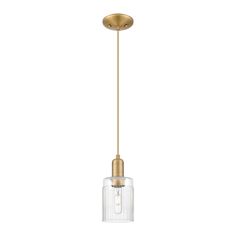 Innovations Hadley 4.5in 1-Light Mini Pendant | Industrial Brushed Brass and Clear Ribbed Glass | Kitchen Island & Dining Room | Model 716-1P-BB-G342
