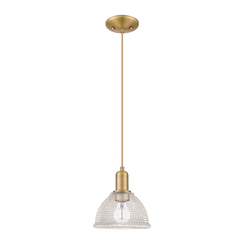 Innovations Arietta 8in 1-Light Mini Pendant | Industrial Brushed Brass Steel and Clear Glass | Kitchen Island & Dining Room | 8 x | Model 716-1P-BB-G422