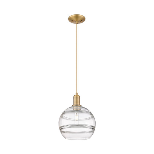 Innovations Rochester 10in 1-Light Mini Pendant | Industrial Brushed Brass Steel and Clear Glass | Kitchen Island & Dining | Model 716-1P-BB-G556-10CL