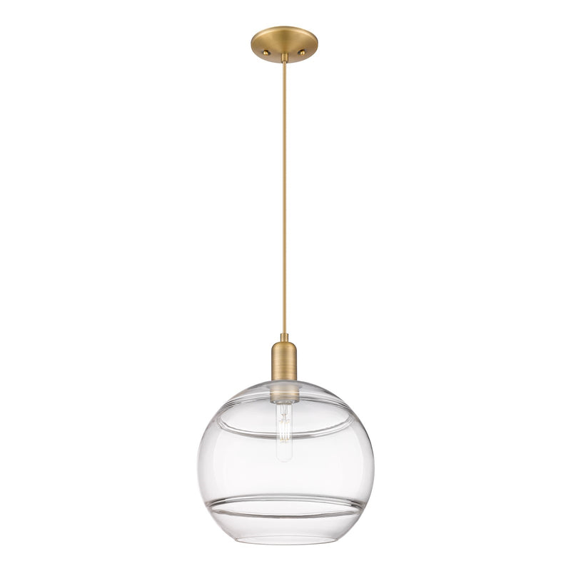 Innovations Rochester 12in 1-Light Mini Pendant | Industrial Brushed Brass Steel and Clear Glass | Kitchen Island & Dining | Model 716-1P-BB-G556-12CL