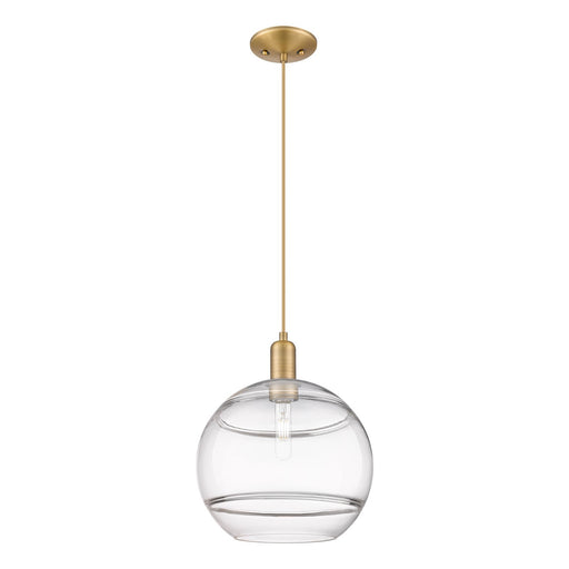 Innovations Rochester 12in 1-Light Mini Pendant | Industrial Brushed Brass Steel and Clear Glass | Kitchen Island & Dining | Model 716-1P-BB-G556-12CL