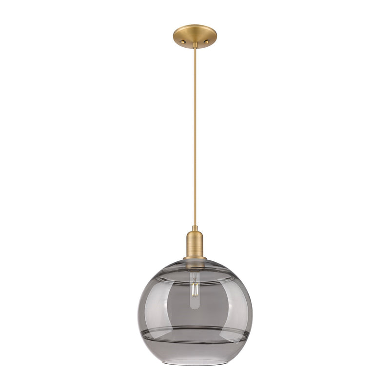 Innovations Rochester 12in 1-Light Mini Pendant | Industrial Brushed Brass and Light Smoked Glass | Kitchen Island & Dining | Model 716-1P-BB-G556-12SM