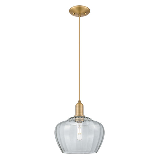 Innovations Fenton 11in 1-Light Mini Pendant | Industrial Brushed Brass Steel and Clear Ribbed Glass | Kitchen Island & Dining | Model 716-1P-BB-G92-L