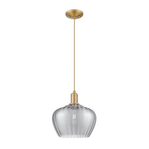 Innovations Fenton 11in 1-Light Mini Pendant | Industrial Brushed Brass and Light Smoke Ribbed Glass | Kitchen Island & Dining | Model 716-1P-BB-G93-L