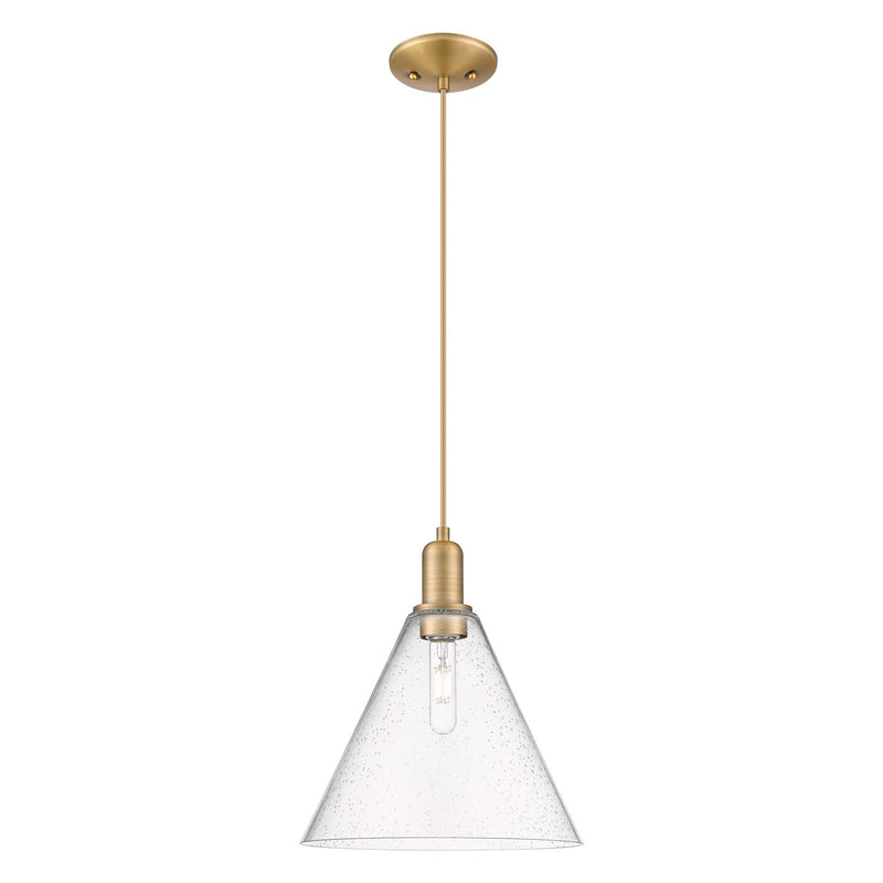 Innovations Berkshire Glass 12in 1-Light Mini Pendant | Industrial Brushed Brass Steel and Seedy Glass | Kitchen Island & Dining | Model 716-1P-BB-GBC-124