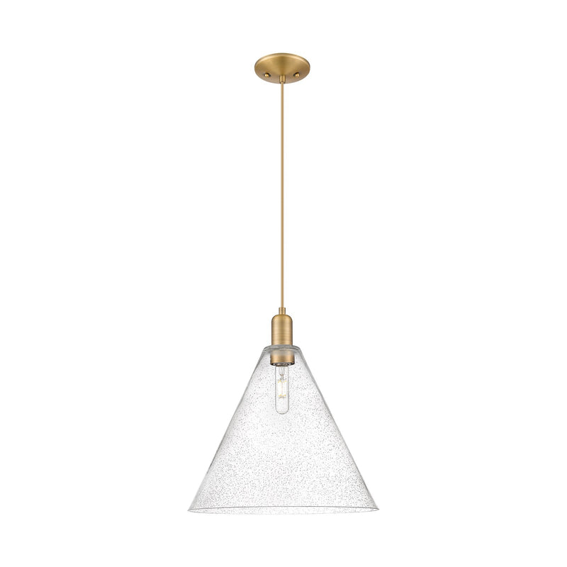 Innovations Berkshire Glass 16in 1-Light Mini Pendant | Industrial Brushed Brass Steel and Seedy Glass | Kitchen Island & Dining | Model 716-1P-BB-GBC-164