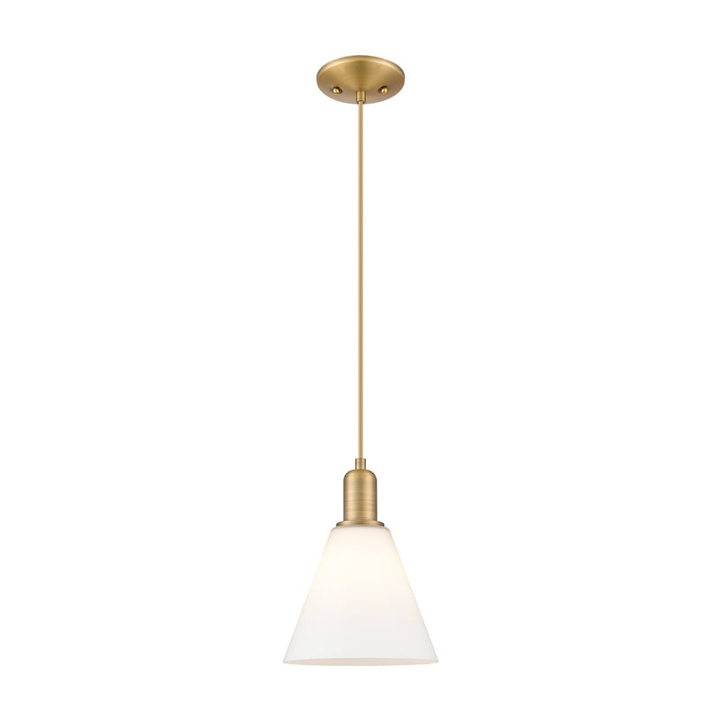 Innovations Berkshire Glass 8in 1-Light Mini Pendant | Industrial Brushed Brass and Matte White Glass | Kitchen Island & Dining | Model 716-1P-BB-GBC-81