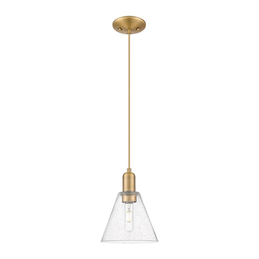 Innovations Berkshire Glass 8in 1-Light Mini Pendant | Industrial Brushed Brass and Seedy Glass | Kitchen Island & Dining Room | Model 716-1P-BB-GBC-84