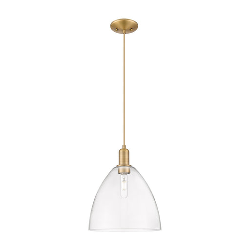 Innovations Bristol 12in 1-Light Mini Pendant | Industrial Brushed Brass Steel and Clear Glass | Kitchen Island & Dining Room | Model 716-1P-BB-GBD-122