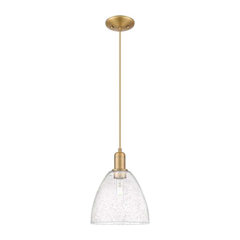 Innovations Bristol 9in 1-Light Mini Pendant | Industrial Brushed Brass Steel and Seedy Glass Dome | Kitchen Island & Dining Room | Model 716-1P-BB-GBD-94