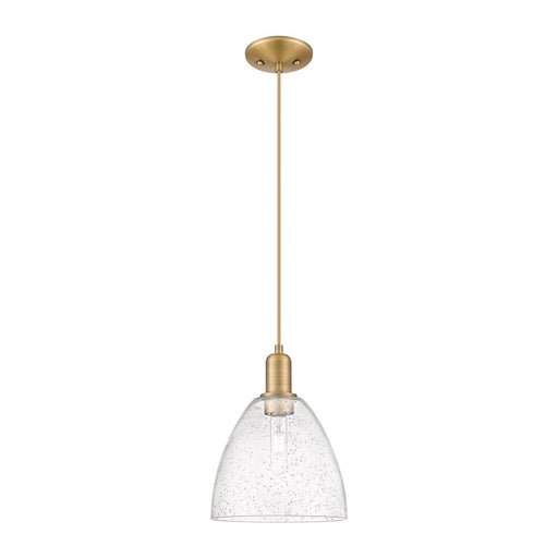 Innovations Bristol 9in 1-Light Mini Pendant | Industrial Brushed Brass Steel and Seedy Glass Dome | Kitchen Island & Dining Room | Model 716-1P-BB-GBD-94